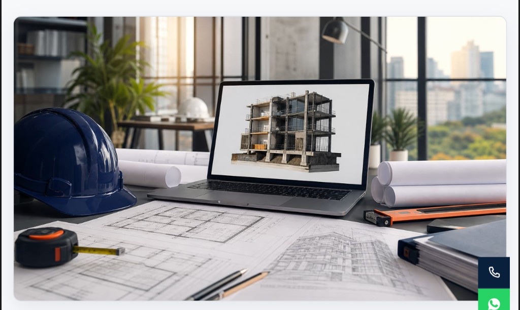 Architect workspace with structural 3D model, blueprints, and engineering tools