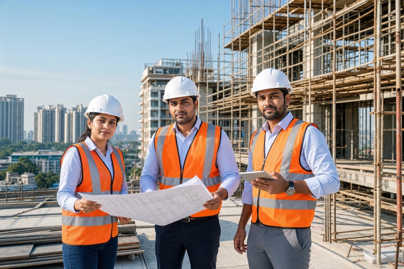 G.K.S Engineers reviewing structural plans on a project site